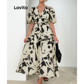 Lovito Casual Vestido Feminino Tropical Cruzado com Manga Bufante e Bainha de Babados LNE27159 (Branco)