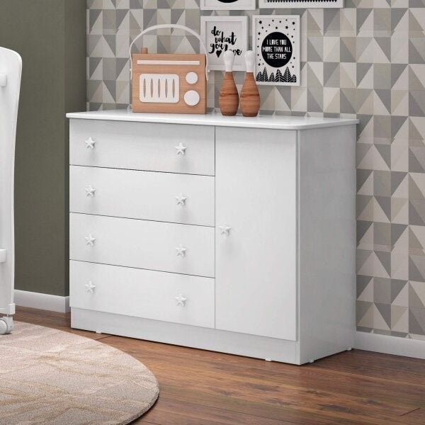 Cômoda Infantil 1 Porta 4 Gavetas Doce Sonho  Branco - Home & Living