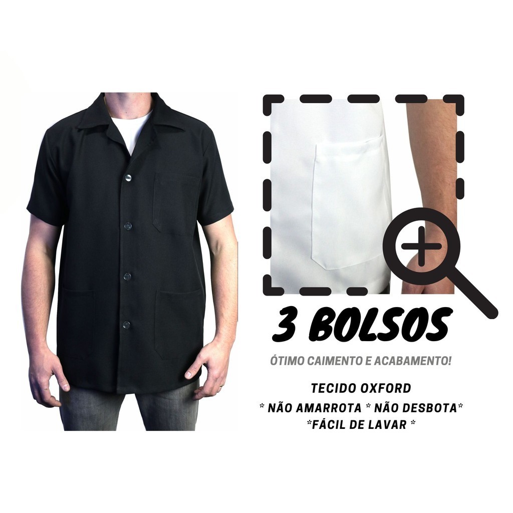 JALECO MC Masculino Manga Curta Oxford Premium blusa casaco bata guarda-pó  preto branco