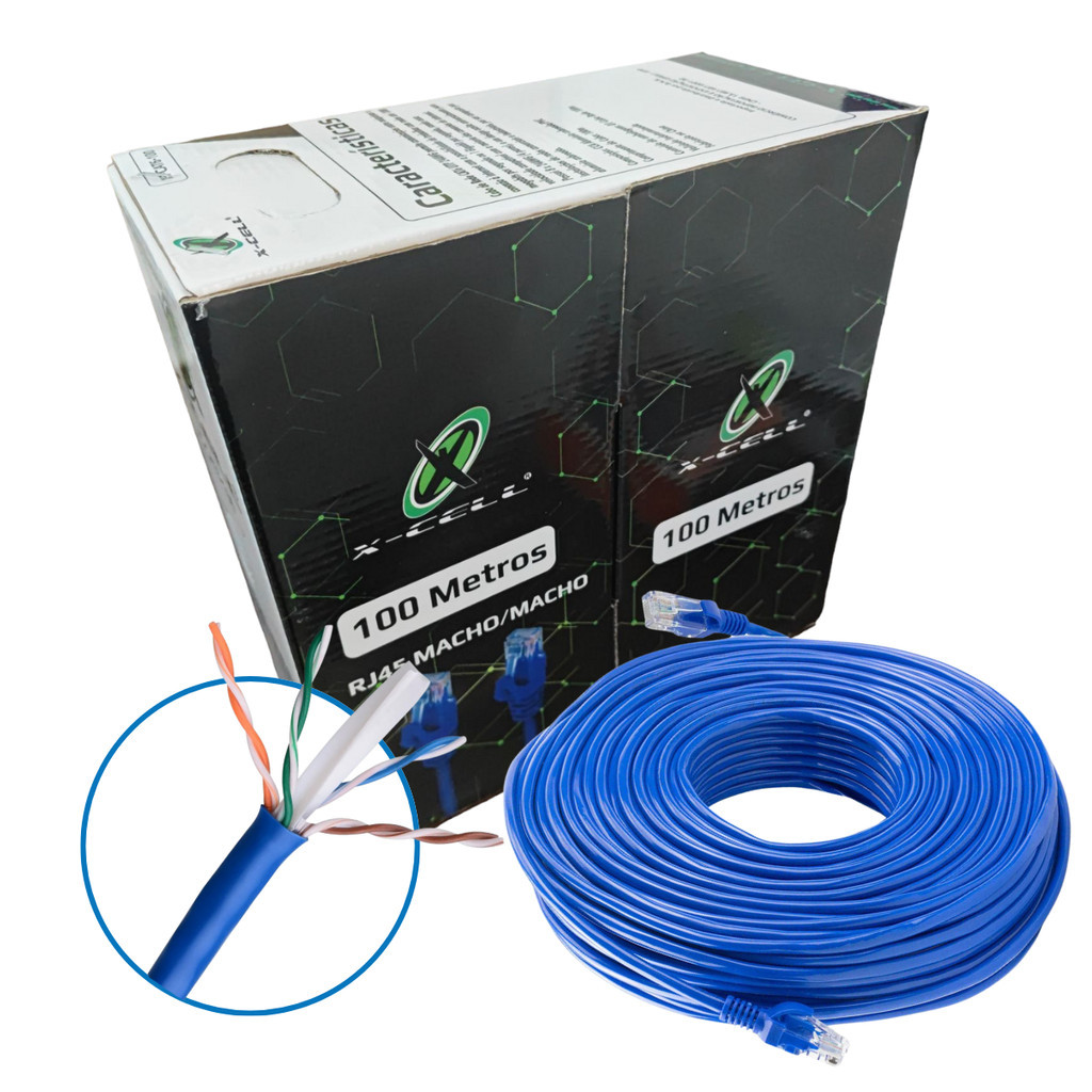 Cabo De Rede Cat6 Caixa 100m Metros RJ45 LAN Ethernet Azul Reforçado X-cell