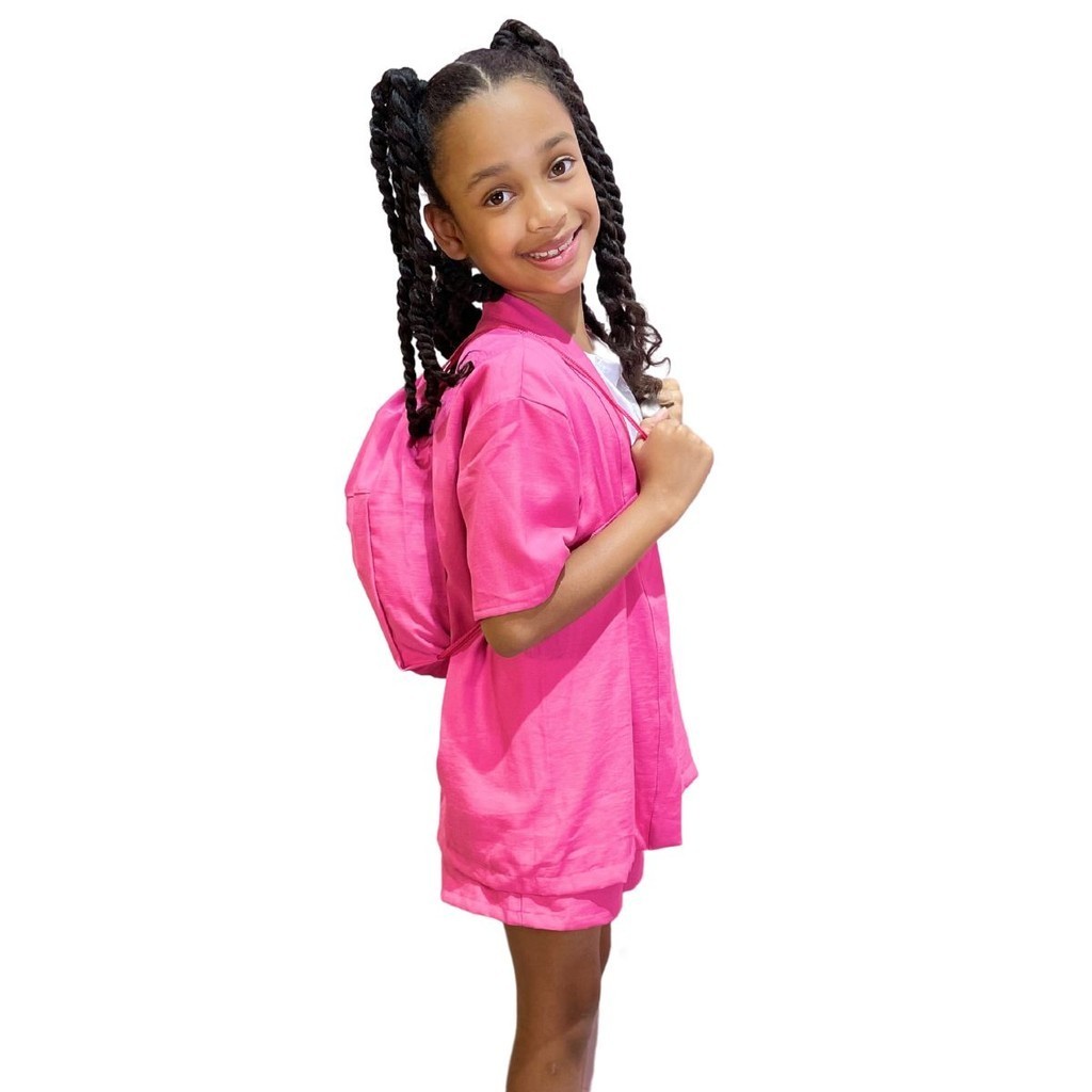 Kit 3 Peças Infantil Menina Shorts e Kimono de Viscose e Mochila Saco Rosa