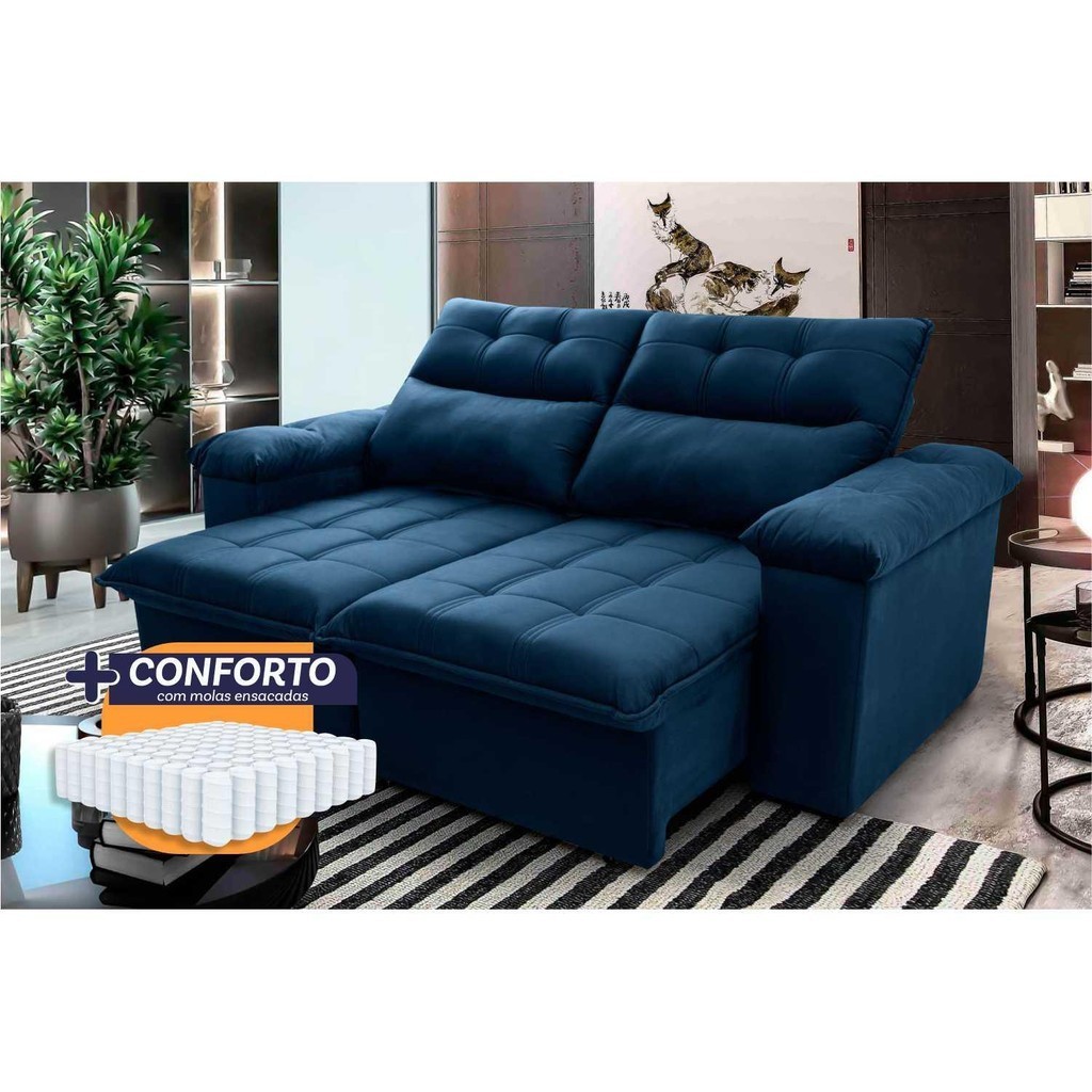 Sofá Retrátil Reclinável Verona 2,00m Suede Velut Azul Molas Ensacadas - King House em Oferta na Shopee