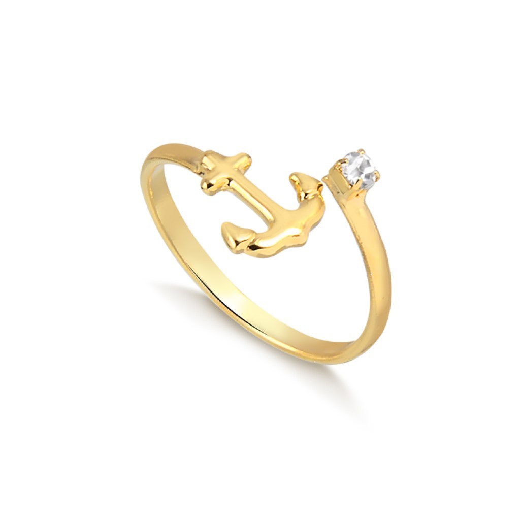 Anel Banho de Ouro 18k Falange Âncora com Detalhe de Pedrinha Zircônia