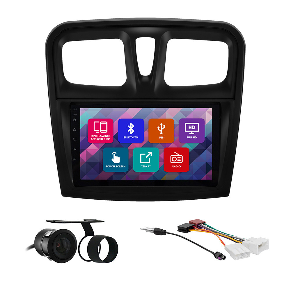 Kit Multimídia 9 Pol Logan 2015 2016 2017 2018 Espelhamento Android Ios 2 Din Black Piano Camera Ré em Oferta na Shopee