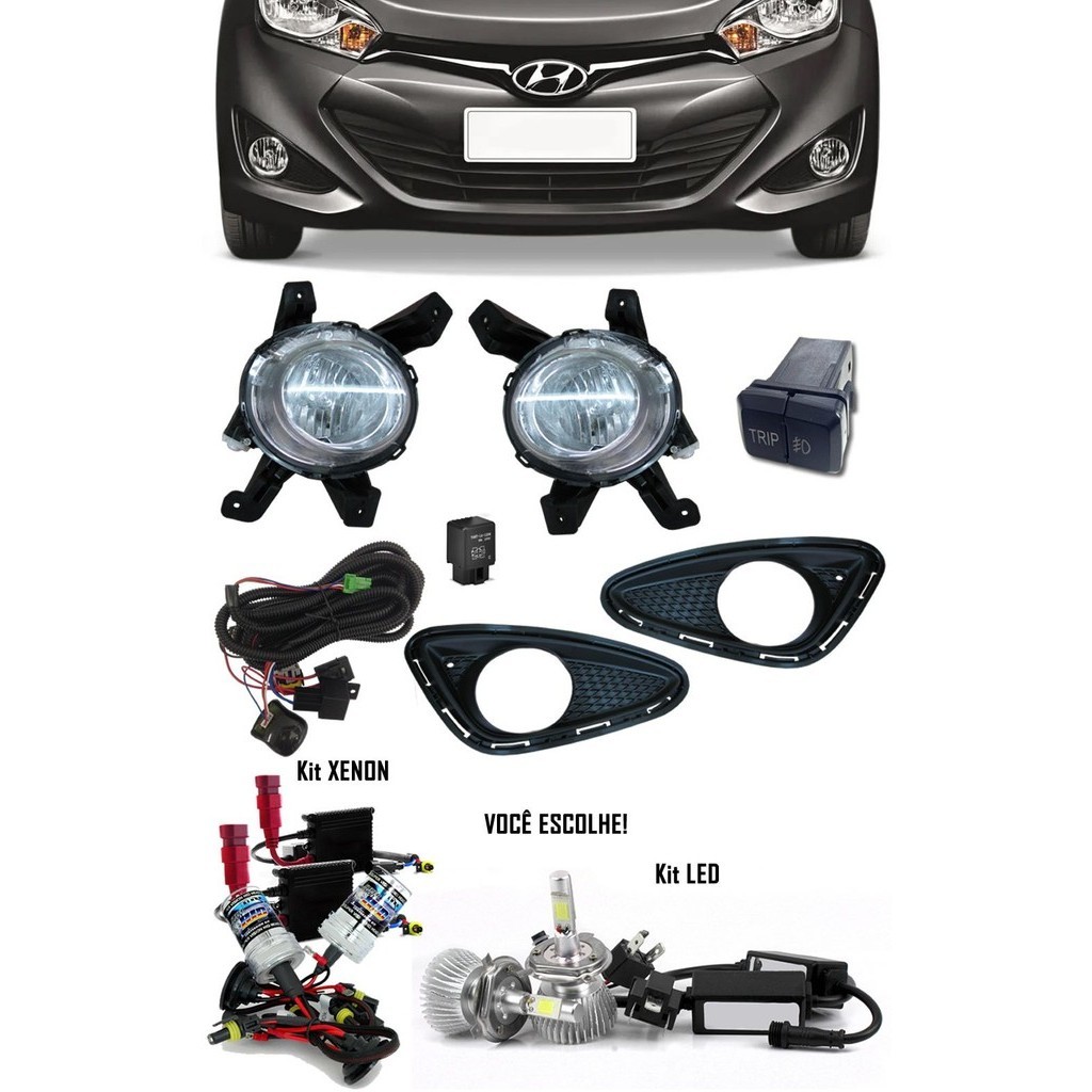 Kit Farol Milha Neblina HB20 2012 á 2015 Interruptor Trip Molduras Kit Xenon 6000K 8000K ou Kit Lâmpada Super LED 6000K