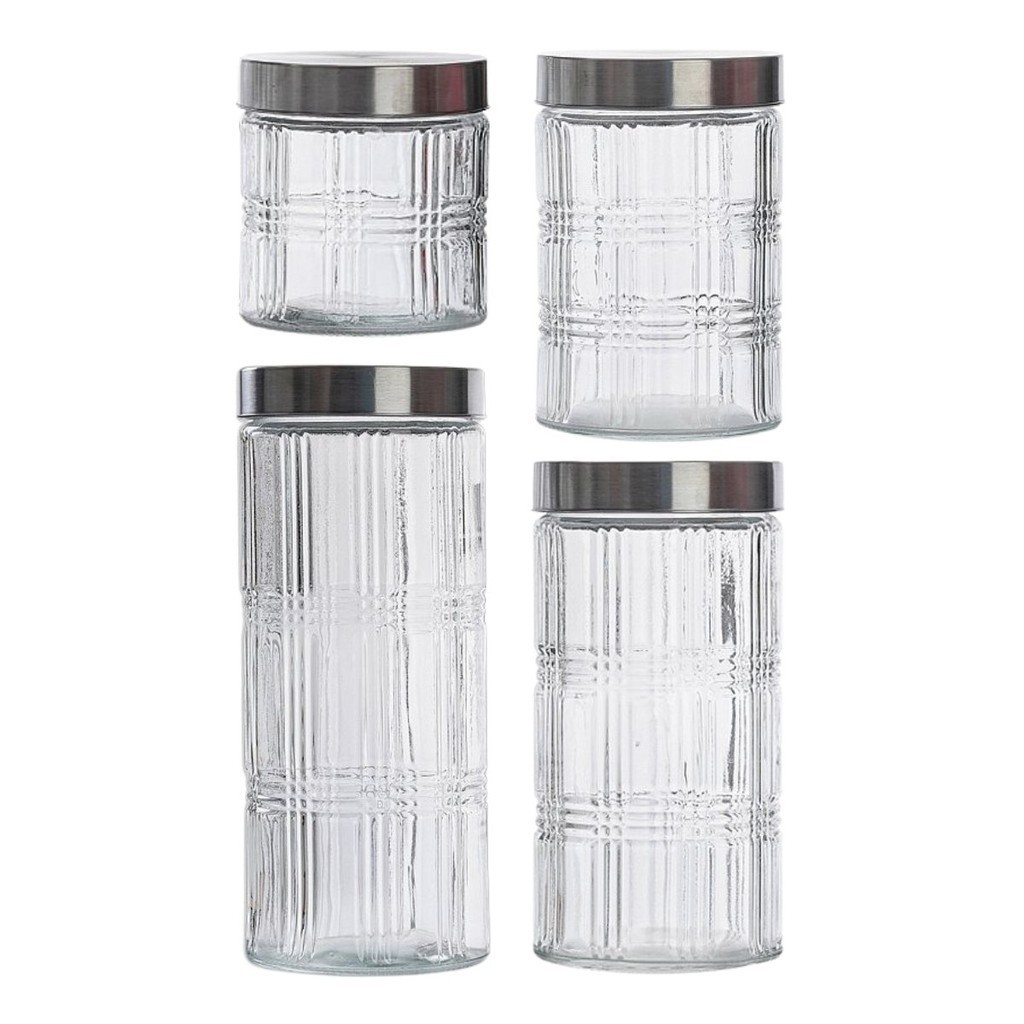 Kit 4 Pote Porta Mantimento Vidro Redondo Tampa Inox Elegance P M G GG Cozinha Premium - Le Bianco