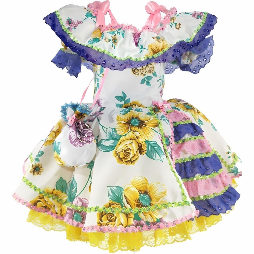 Vestido Feminino Festa Junina Luxo Rosa e Roxo Rodado Acinturado Adelaide com Bolsa Exclusiva