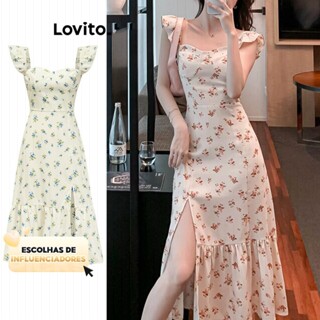 (KOL‘s pick) Lovito Casual Vestido Feminino Floral Drapeado Midi Evasê Frente Única Sem Mangas LNA11007 (Multicolorido) em Oferta na Shopee