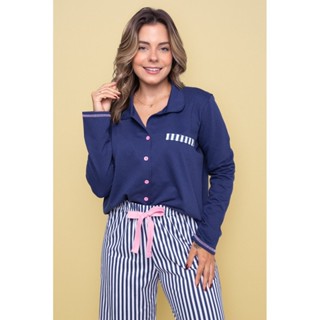 Pijama Americano Blogueirinha Manga Longa Com Calça Botões Marinho Listrado em Oferta na Shopee
