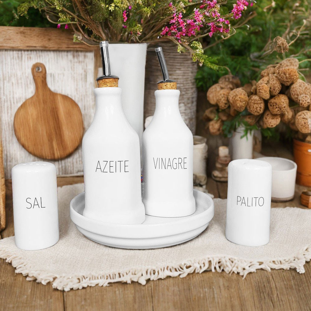Conjunto Galheteiro Porcelana Bandeja Redonda Azeite e Vinagre