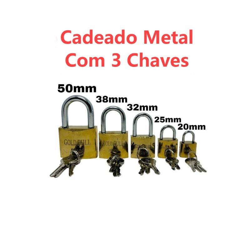 Cadeado Aço Ferro e Latão Com 3 Chaves Tamanho 20x25x32x38x50mm