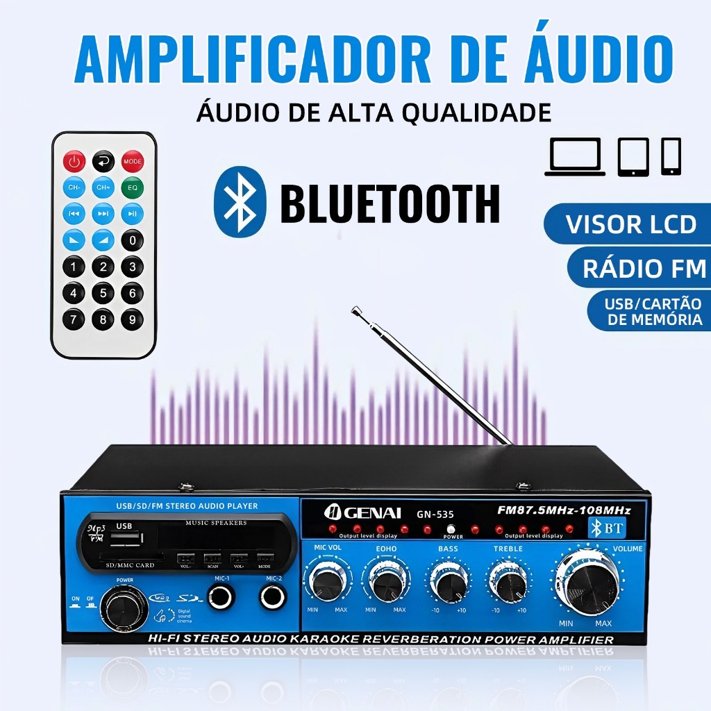 Super Amplificador potência 1200w 110V Bluetooth 2 canais controle remoto USB SD FM karaoke em Oferta na Shopee