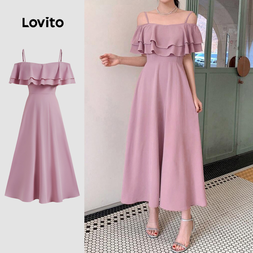 Lovito Vestido elegante com babados lisos para mulheres L123ED521 - Women Clothes