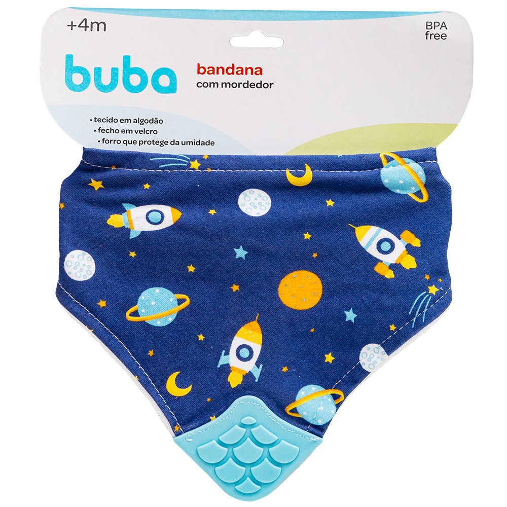 Bandana Babador Com Mordedor Massageador Dentes Gengiva Algodão Infantil Bebe Buba Menino Espaço