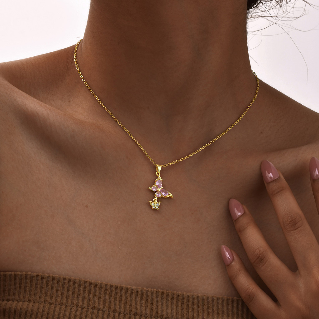 Vnox Rosa Zircão Borboleta Pingente Colar Para Mulher, Ouro 18k Moda Estilo Coreano Não Desbotamento Jóias · foto 2