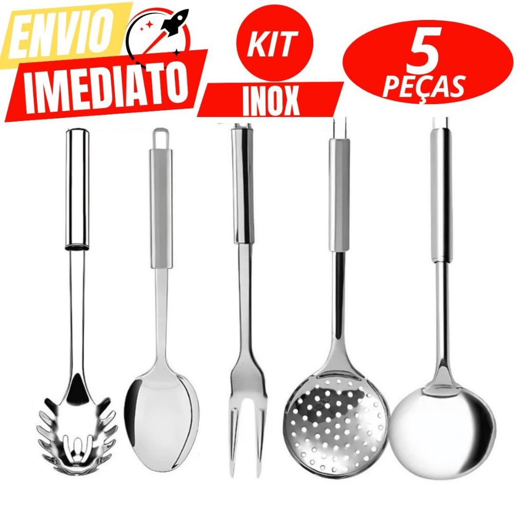 Kit C/ 5 Peças Utensílios De Cozinha Aço Inox Escumadeira Concha Colher De Arroz Pegador De Massa Garfo Garfo Trinchante