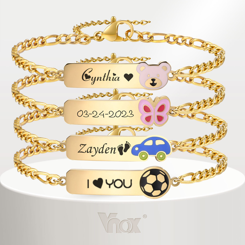 Vnox Free Engraving Baby Name Bracelet Com Pingente Bonito , 18K Gold Safety Child ID Menina Menino Adolescente Aniversário Gift