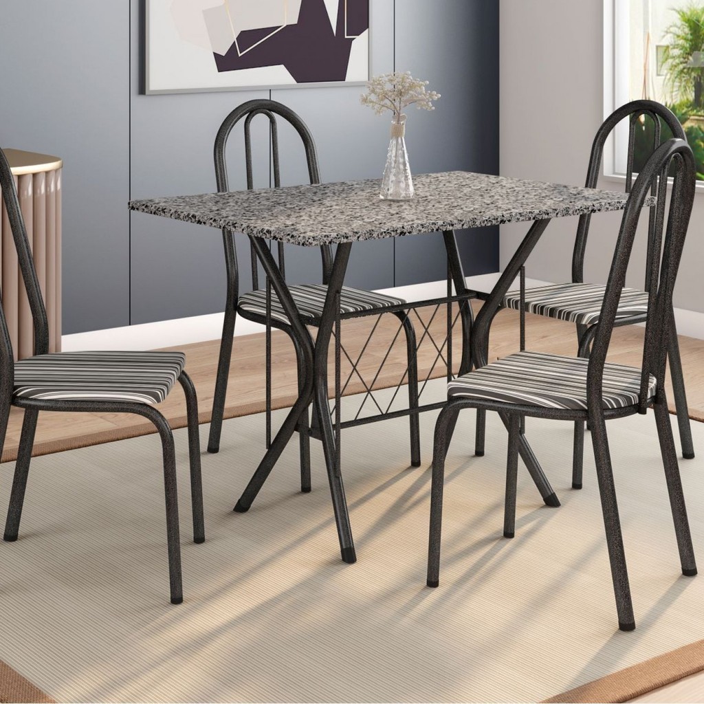Conjunto Sala de Jantar  Mesa Tampo em Granito Retangular 4 Cadeiras Bruna  Cromo Preto/Preto Listra - Home & Living