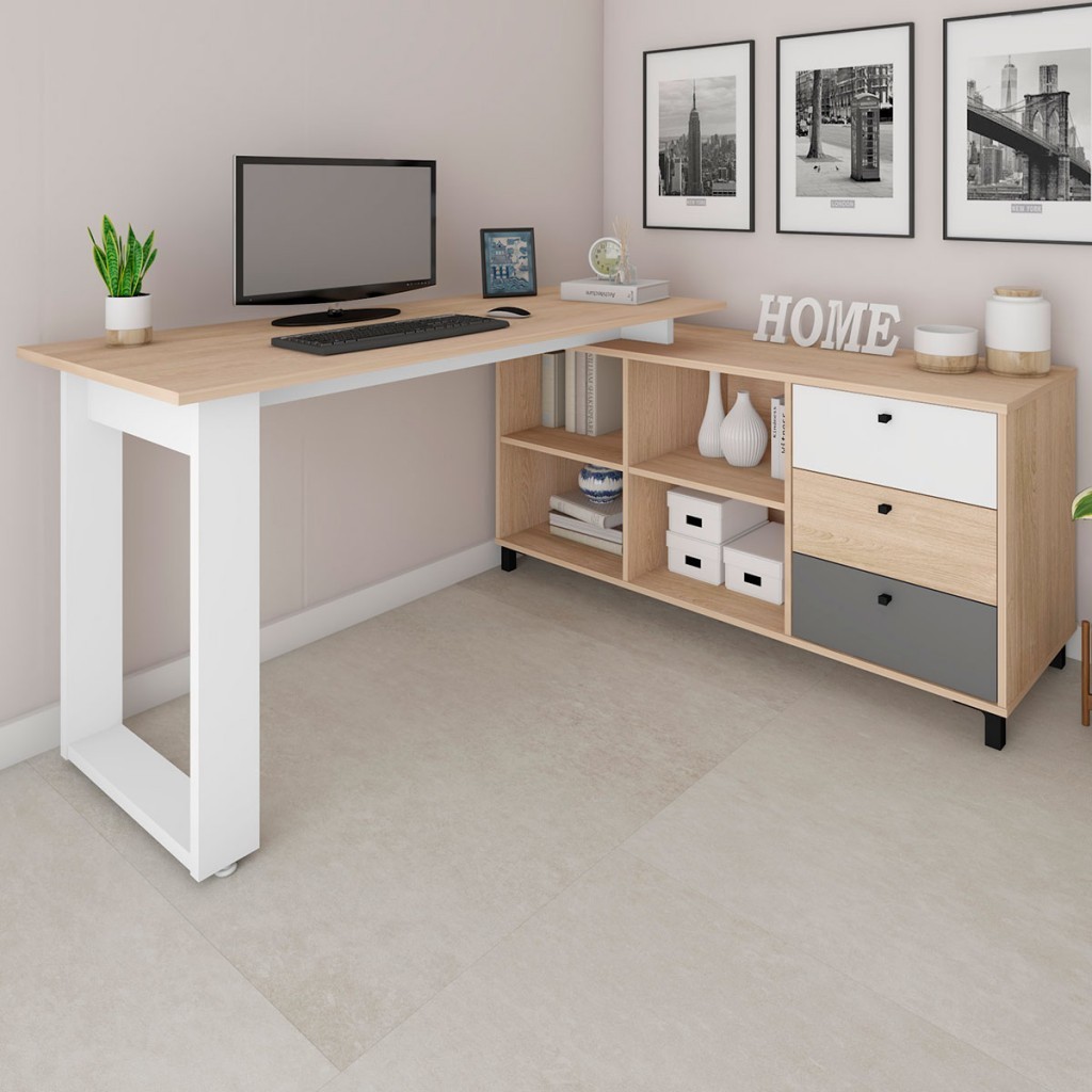 Mesa Escrivaninha Next 3 Gavetas Carvalho/Branco/Grafito - Artany Móveis em Oferta na Shopee