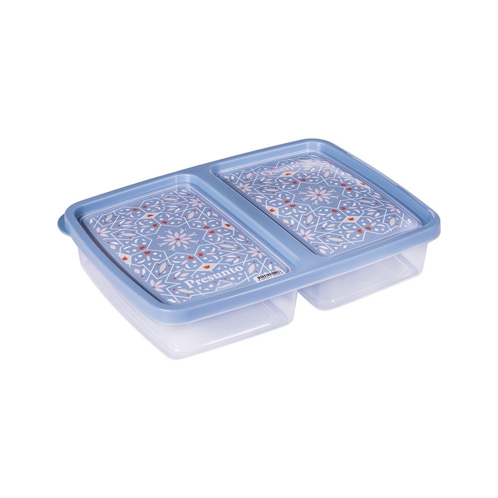 Pote Plástico Porta Frios Com Tampa e Divisoria Presunto Queijo Retangular decorado Floral 1lt Plasútil Ref: 5520