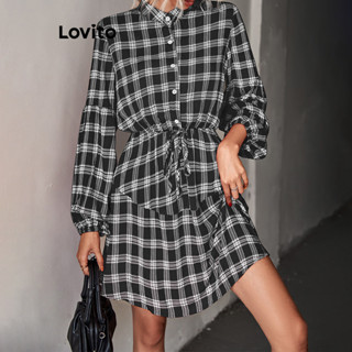 Lovito Vestido feminino casual xadrez com cordões e botões LNL51031