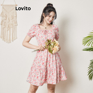 Lovito Casual Vestido Feminino Floral Drapeado de Amarrado com Camadas LBL08365