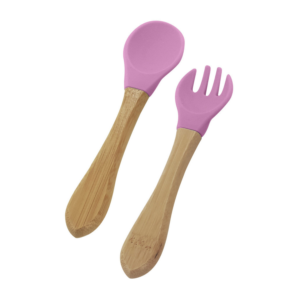 Kit Dupla de Talheres Infantis Bebê De Silicone Livre de BPA Com Cabo de Bambu Rosa Mimo Style