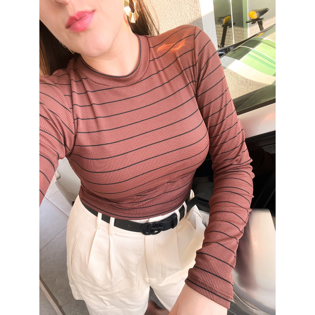 Blusa Cropped Manga Longa Canelado Feminino Premium Outono Inverno Tendencia em Oferta na Shopee