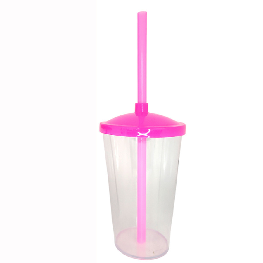 Copo de Plástico com Tampa e Canudo 300ml - Pink - 1 unidade - Rizzo