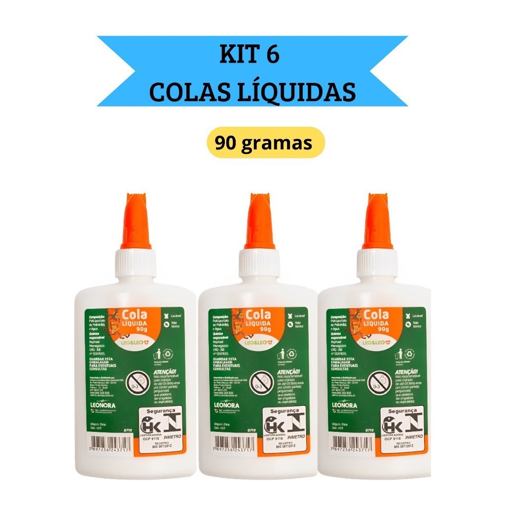 Kit 6 Cola Líquida Branca Escolar 90g com espátula Leo&Leo em Oferta na Shopee