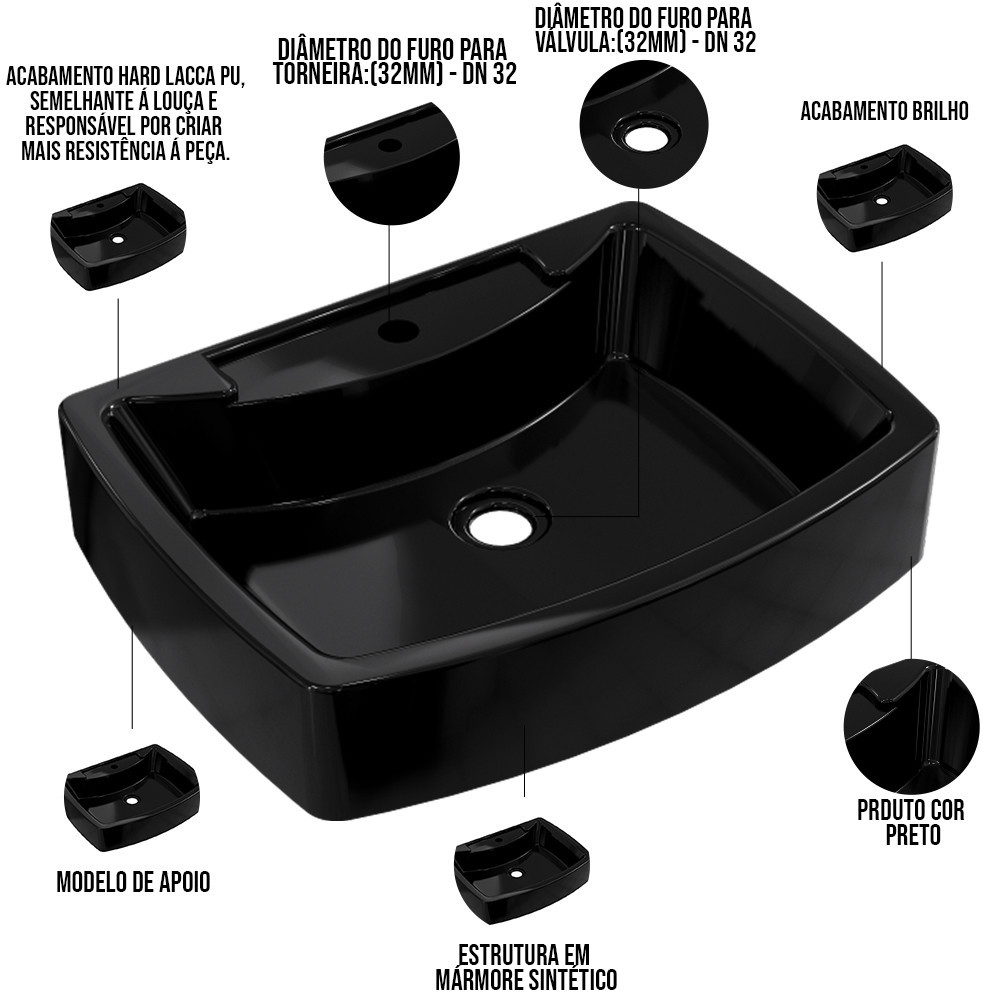 Detalhes do Cuba de Apoio Retangular Para Banheiro Lavabo C01 RT50 Preto - Lyam Decor
