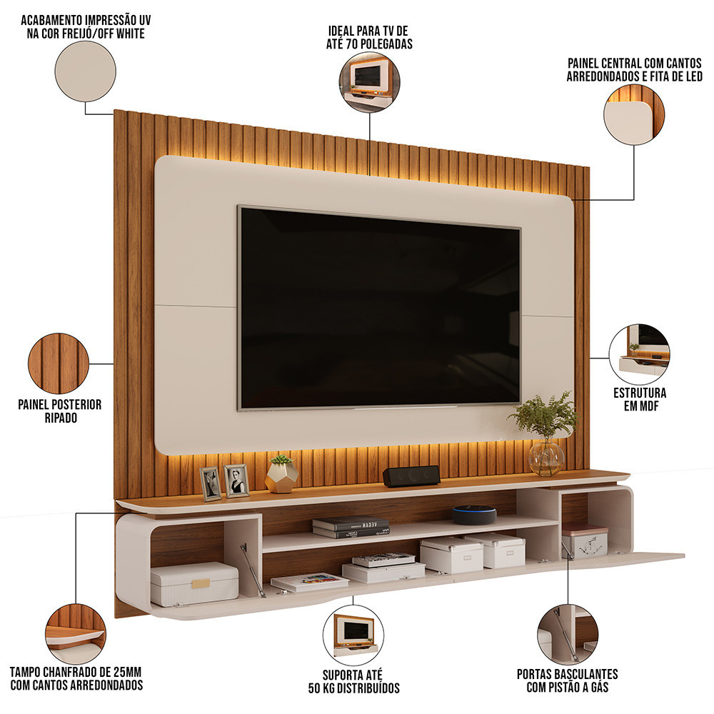 Painel Ripado Suspenso Para TV 70 Pol 210cm Rizzo D05 Off White Freijó - Lyam Decor · foto 2