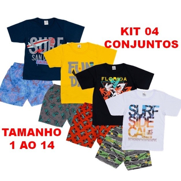 KIT com  8 PEÇAS VERÃO MENINO ( 4 CAMISETAS OU REGATA + 4 BERMUDAS ) Masculino  OTIMO PREÇO BOA QUALIDADE ENVIO RAPIDO 4 CONJUNTOS CONFORTÁVEIS BERMUDA REGATA CAMISA CAMISETA KIT MENINO GURI