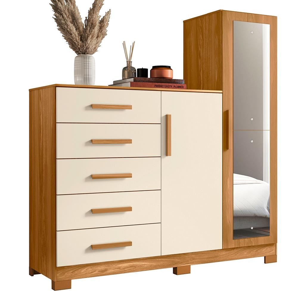 Comoda New Master Quarto Com 5 Gavetas 2 Portas e Espelho