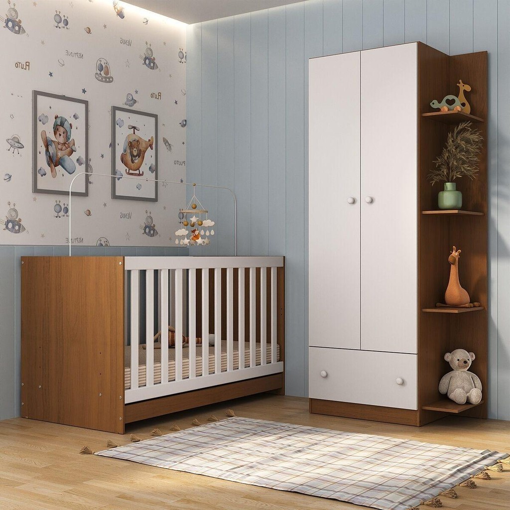 Berço 3 em 1 para Colchão 130 x 60cm com Guarda-Roupas 2 Portas Doce de Leite Multimóveis MP4241