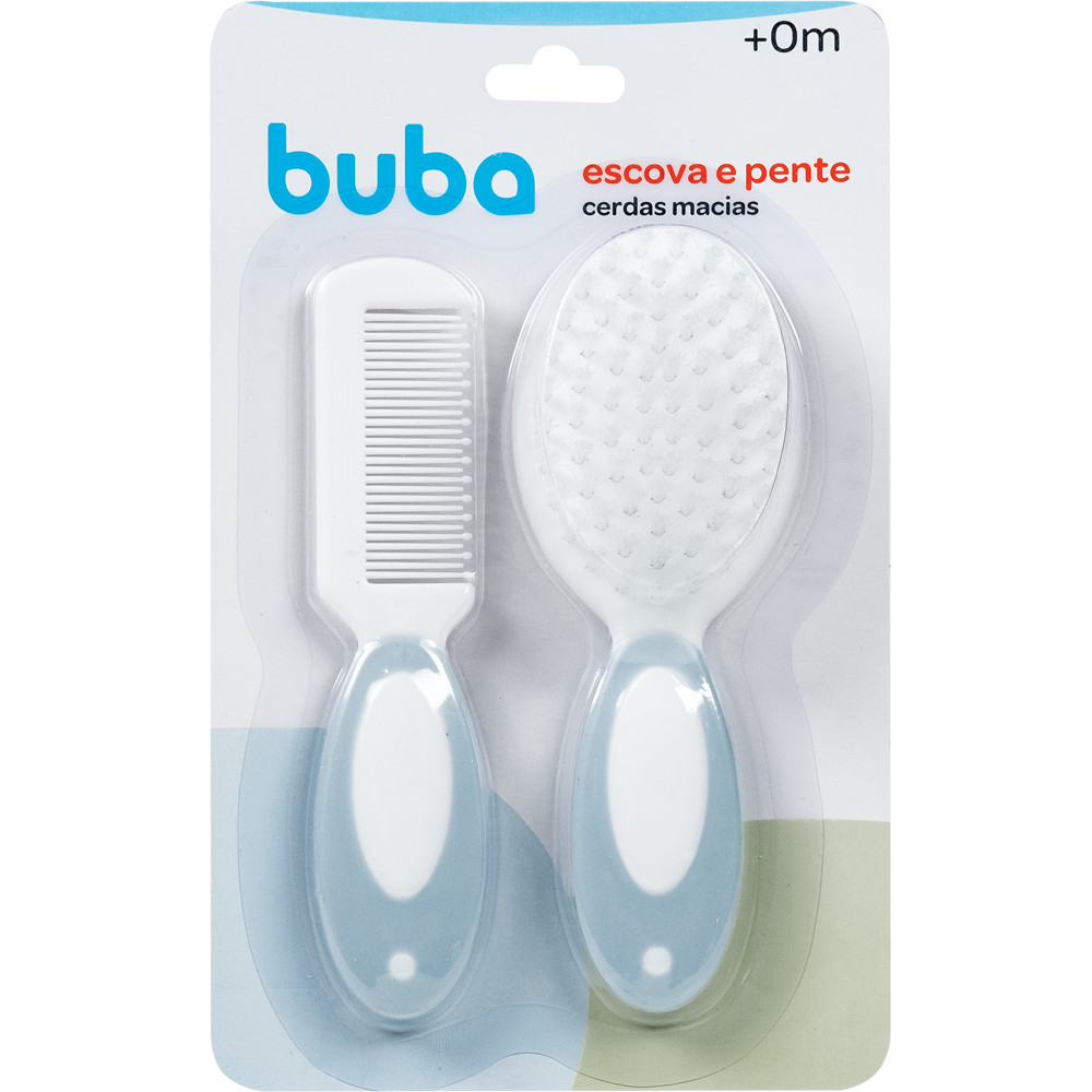 Escova E Pente Cerdas Macias Pontas Arredondadas Para Cabelo Bebe Infantil Kit Conjunto Azul Buba