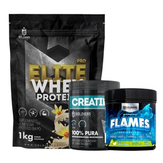 Kit: Whey Protein Concentrado Elite 1kg + Creatina 300g + Pré Treino Flames 200g Soldiers Nutrition Força Performance em Oferta na Shopee