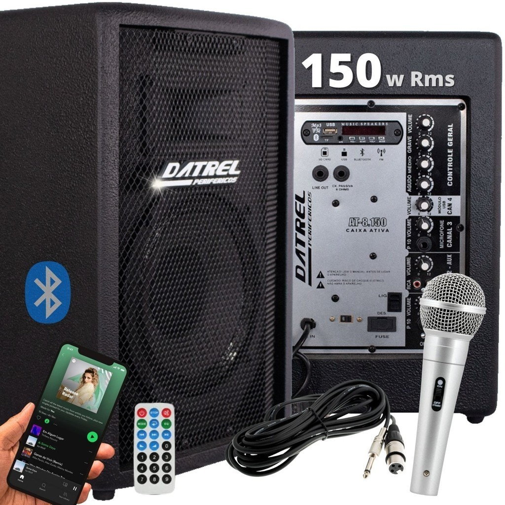 Caixa Som 150w Rms Ativa Datrel Amplificada Acustica Profissional Igreja Banda Karaoke  + Microfone