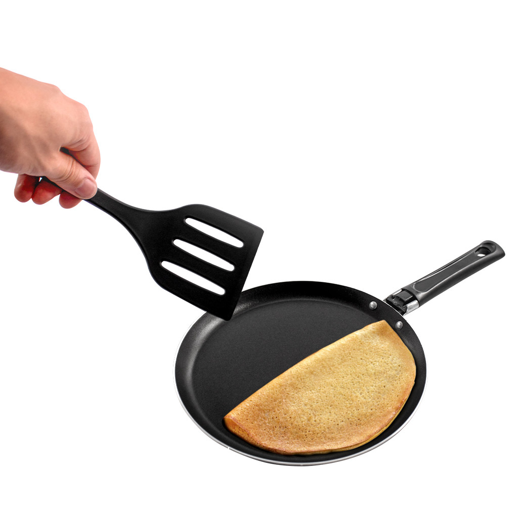 Espátula De Nylon Preto 28cm Escumadeira Vazada Para Cozinha Frigideira Fritar Fazer Ovo Panqueca Servir Refeição Mesa