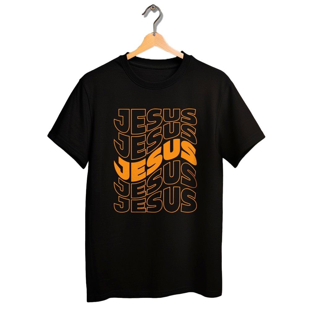 Camiseta Camisa Preta com Estampas Coloridas diversas gospel