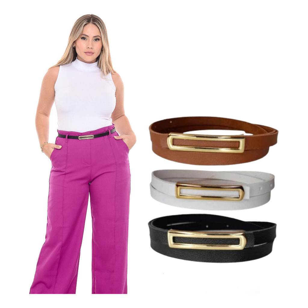 Kit C/ 3 Cintos Feminino Fino Fivela Longa Couro Ecologico