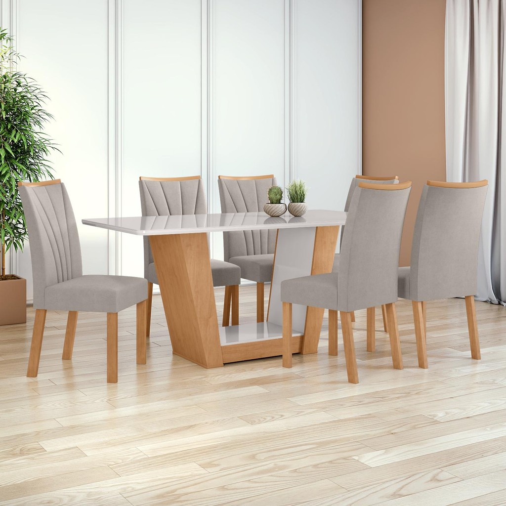 Mesa 1,70 Apogeu com vidro + 06 Cad.Apogeu Tecido Veludo Liso Capuccino Amendoa Cle/Off - Home & Living