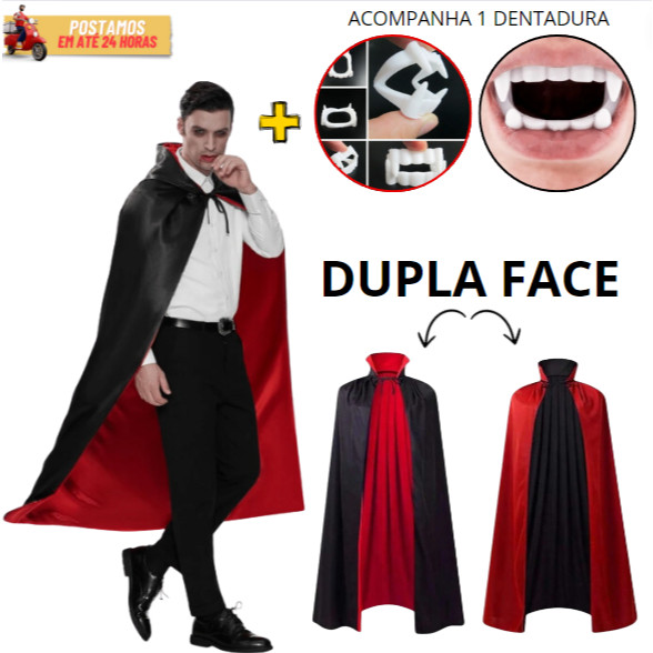 Capa De Vampiro GOLA LUXO + 1 Dentadura Fantasia Halloween Cosplay 100% Polister