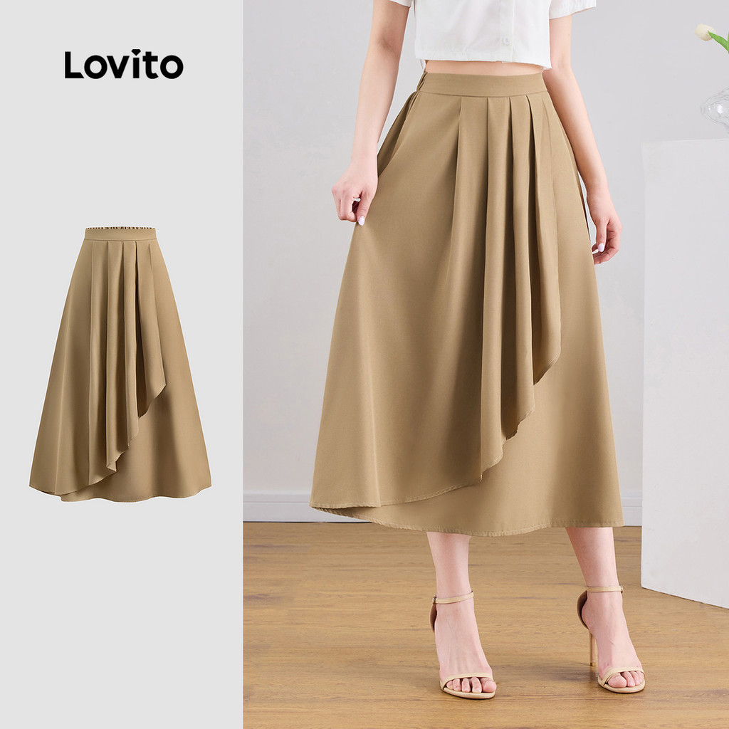 Lovito Saias plissadas lisas elegantes para mulheres L124AD473 em Oferta na Shopee