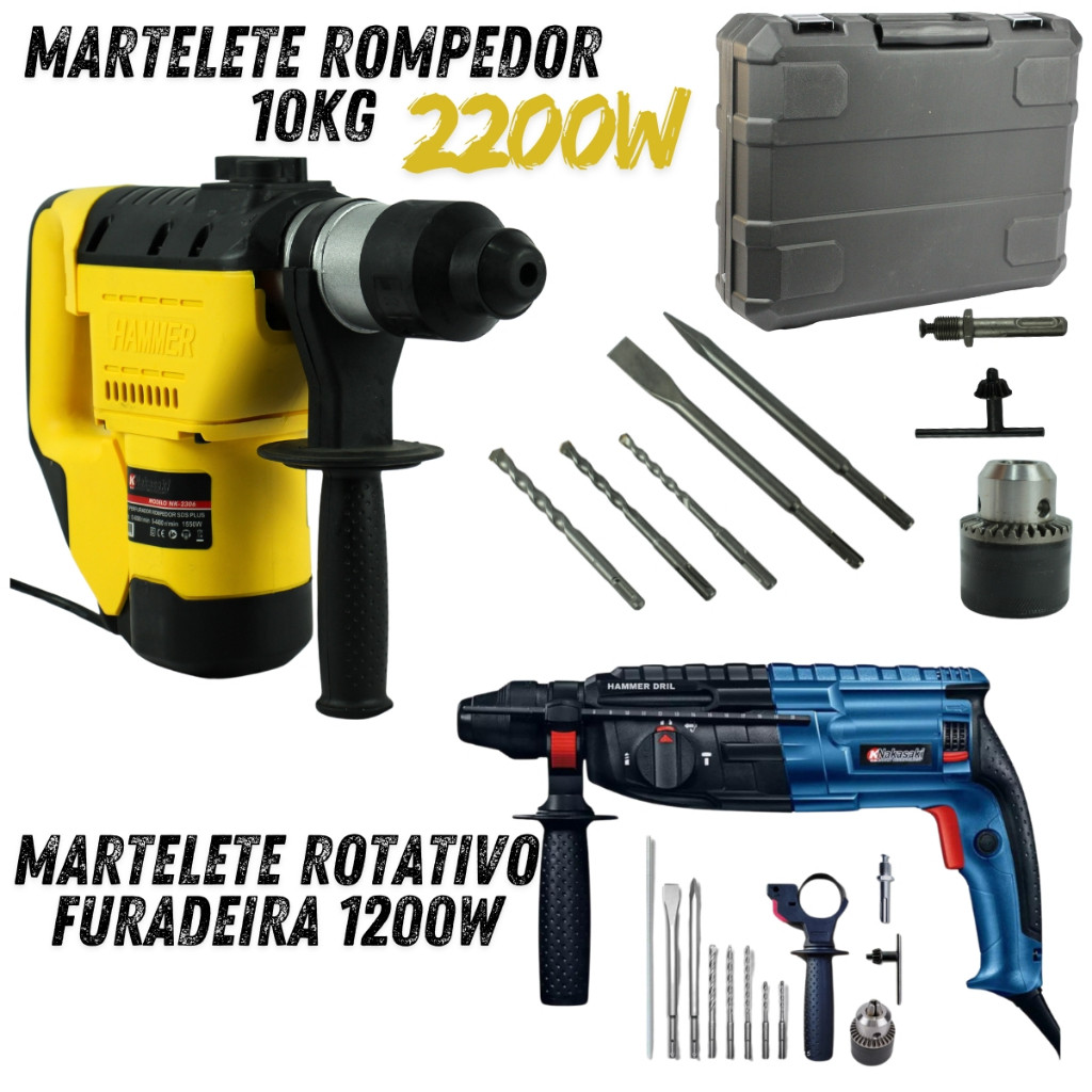 KIT MARTELETE ROMPEDOR PERFURADOR 10KG 2200W COM MARTELETE ROTATIVO FURADEIRA 1200W