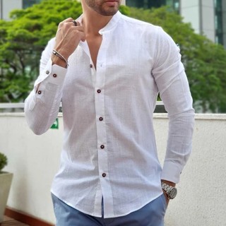 Camisa Social Masculina Gola Padre Manga Longa Premium