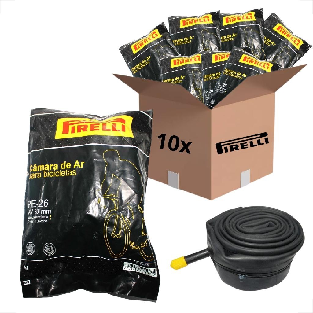 KIT 10 UNIDADES CAMARA DE AR ARO 26 PE-26 PIRELLI BICO GROSSO 33MM BICICLETA BIKE REVENDA ATACADO