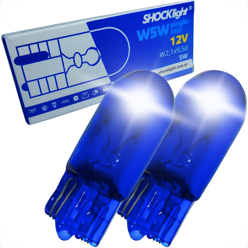 KIT 2 LAMPADAS T10 PINGÃO BLUE SHOCKLIGHT HALOGENA AZUL 12V W2,1 X 9,5D PINGÃO