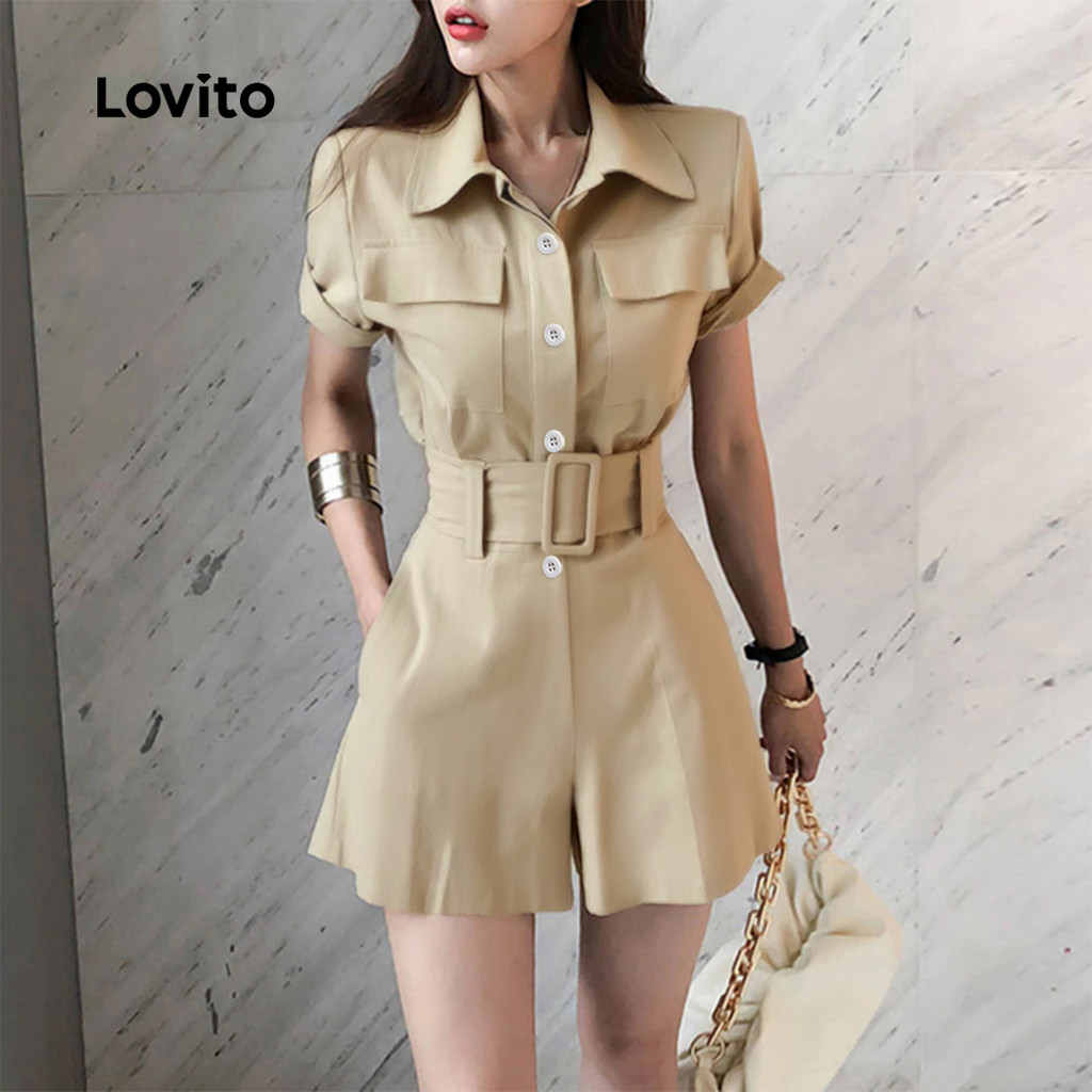 (Trendy) Lovito Macacão Casual liso com bolso falso e botão com cinto para mulheres L123ED187 - Women Clothes