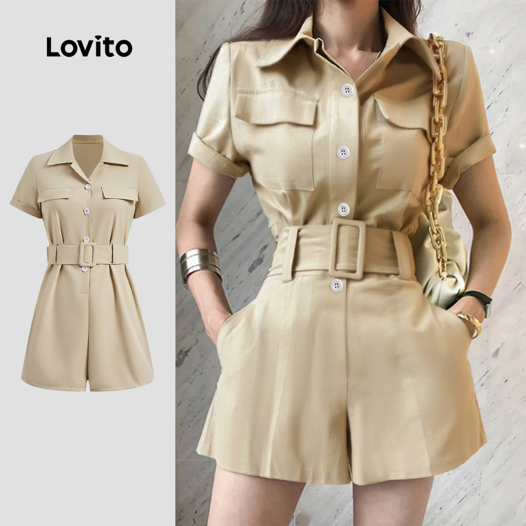 Lovito Macacão Casual liso com bolso falso e botão com cinto para mulheres L123ED187 - Women Clothes